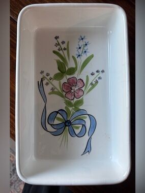 Vtg. Hand-Painted Floral Ceramic Dish with Blue Ribbon - N.S. Justin Co. USA